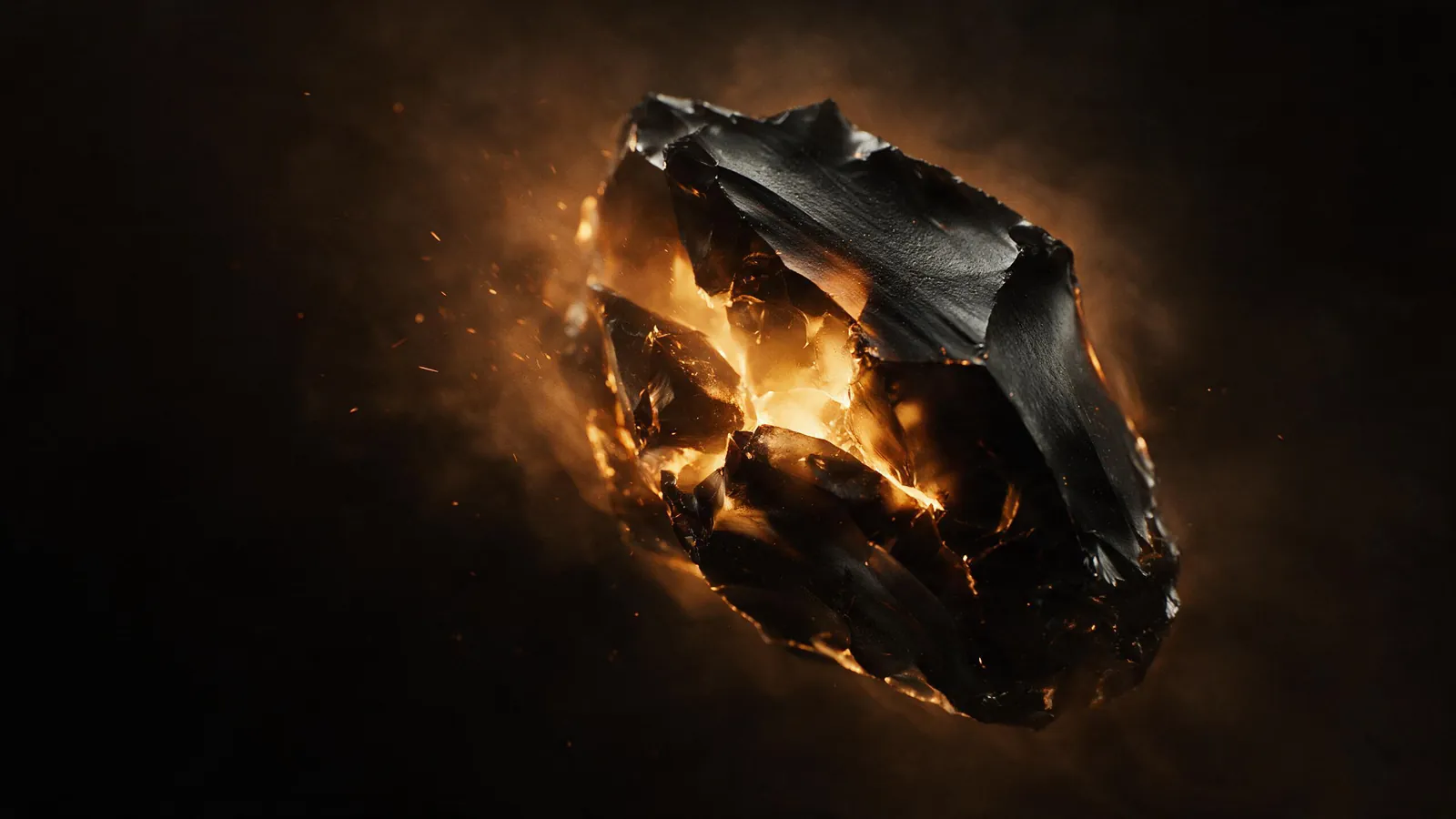 A shard of black obsidian with a molten amber core, drifting on a dark ground.