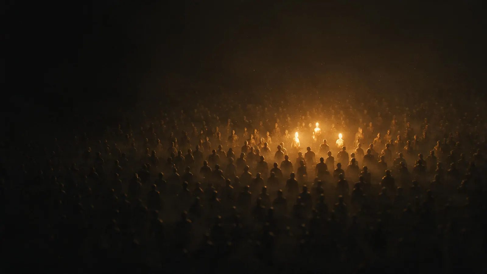 A crowd of unlit figures receding into darkness, three of them burning with amber light at the front.