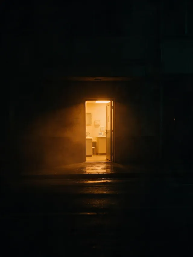 A small clinic doorway lit warm from inside, seen across a dark empty street at night.