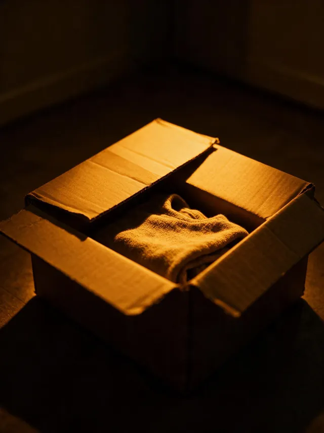 A half-opened parcel on a dark floor with a folded garment just visible inside.