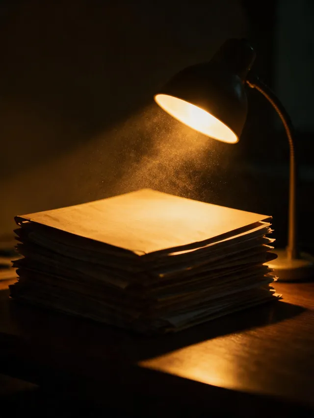 A desk lamp lighting a deep stack of closed paper files late at night.