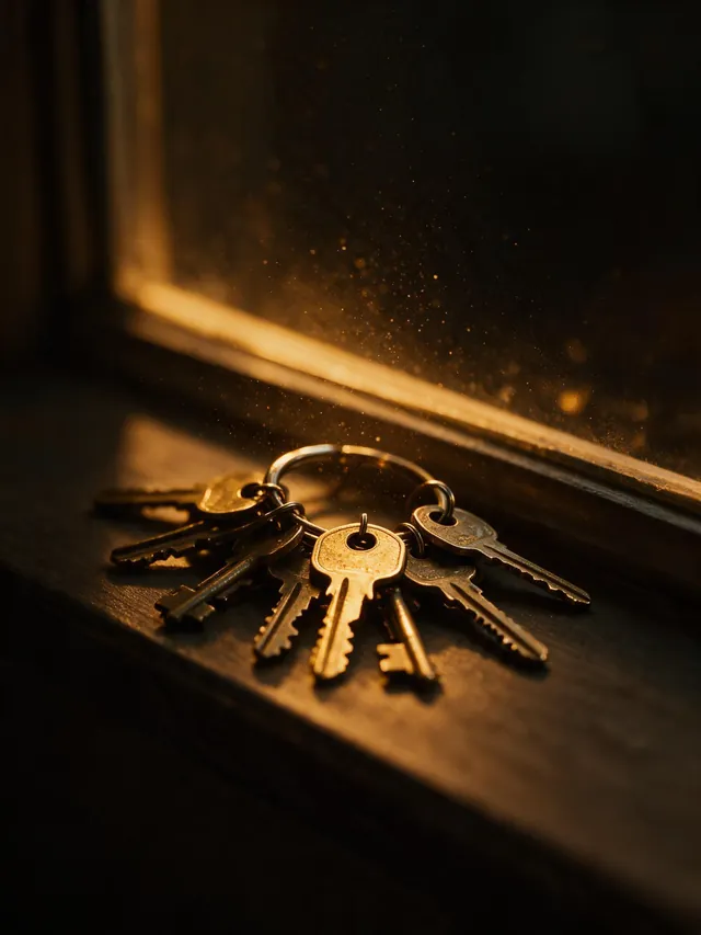 A ring of keys on a dark windowsill, lit by low evening light through the glass.