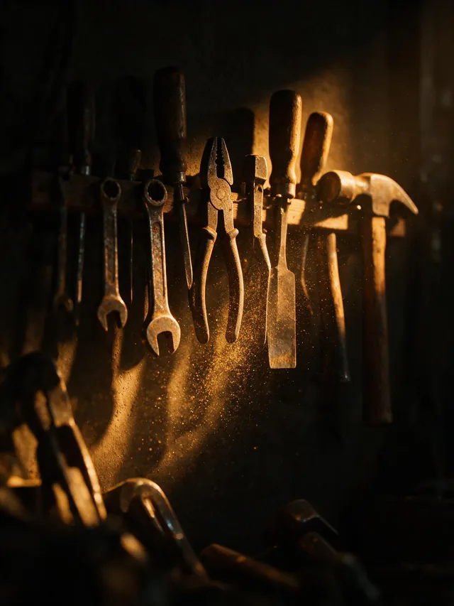 Worn hand tools hanging on a dark workshop wall, lit by a single bulb off to one side.